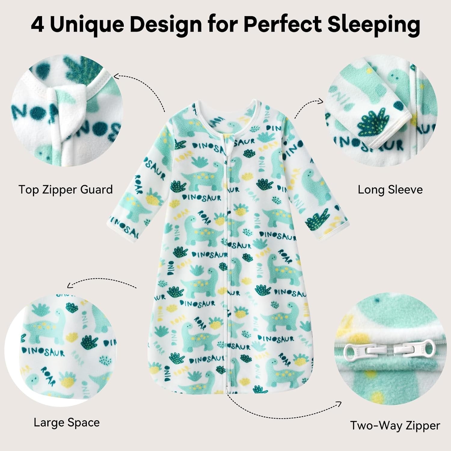 Fleece Baby Sleep Sack 0-6 Months Long Sleeve 1.0 Tog Baby Wearable Blanket Microfleece Sleeping Sack with 2-Way Zipper for Newborn Infant Green & White Dinosaur - Image 3