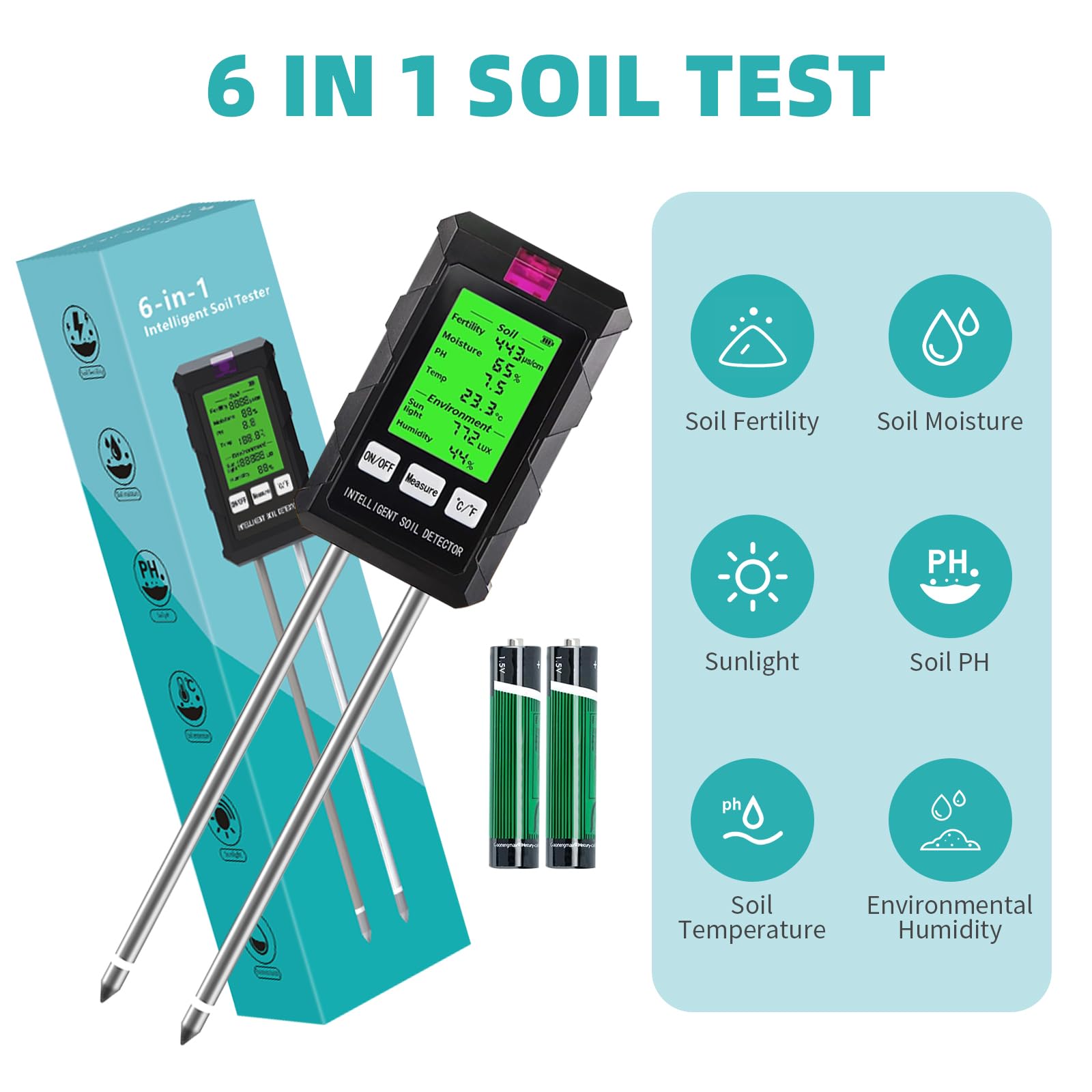 Medidor de Suelo 6 en 1, Medidor de Fertilidad del Suelo, Humedad, PH, Temperatura, Luz Solar y Humedad Ambiental, para Jardinería, Granja, Césped y Plantas en Macetas
