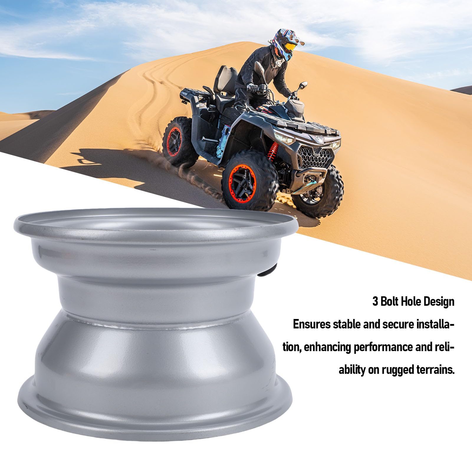 Akozon Jante de Roue de VTT 16x8-7, Jante de Remplacement en Acier à 3 Trous de 7 Pouces pour Pneus Tout-terrain Quad Go Kart UTV, Moyeu de Roue Durable (SILVER)