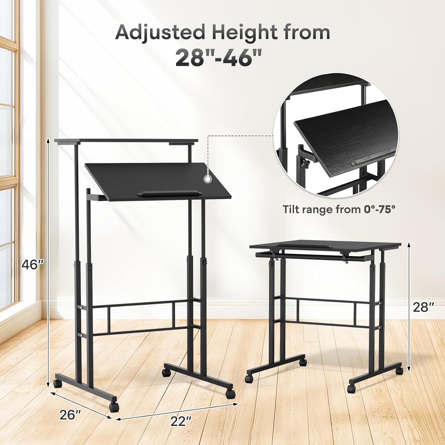 Athena Collection Height Adjustable Rolling Desk Mobile Portable Laptop Stand Cart Small Sit Standing Desk Computer Table Workstation for Home Office, Black