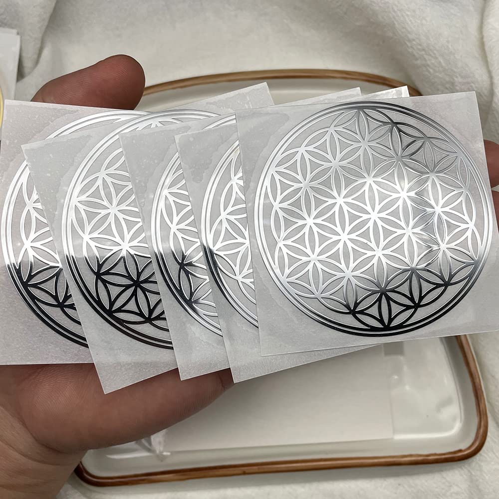 5 Pcs/Bag Flower of Life Gold Plated Thin Metal Sticker for Stone Crystal, Adhesive Pyramid Sacred Geometry Metal Energy Decor Sticker,Meditation Decor (70mm Diameter, Silver)