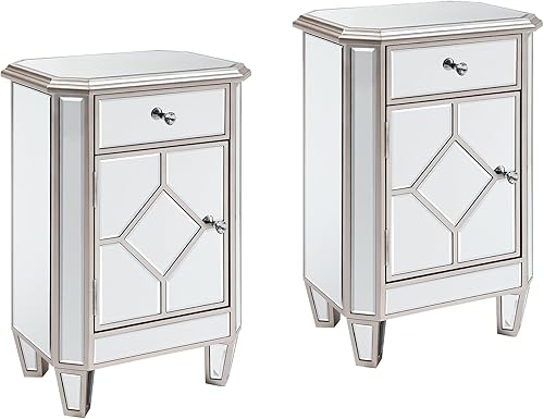 ARCLIS Mesita de noche espejada, mesa auxiliar de espejo color champán con 1 puerta y 1 cajón, mesa auxiliar pequeña con asas de cristal para