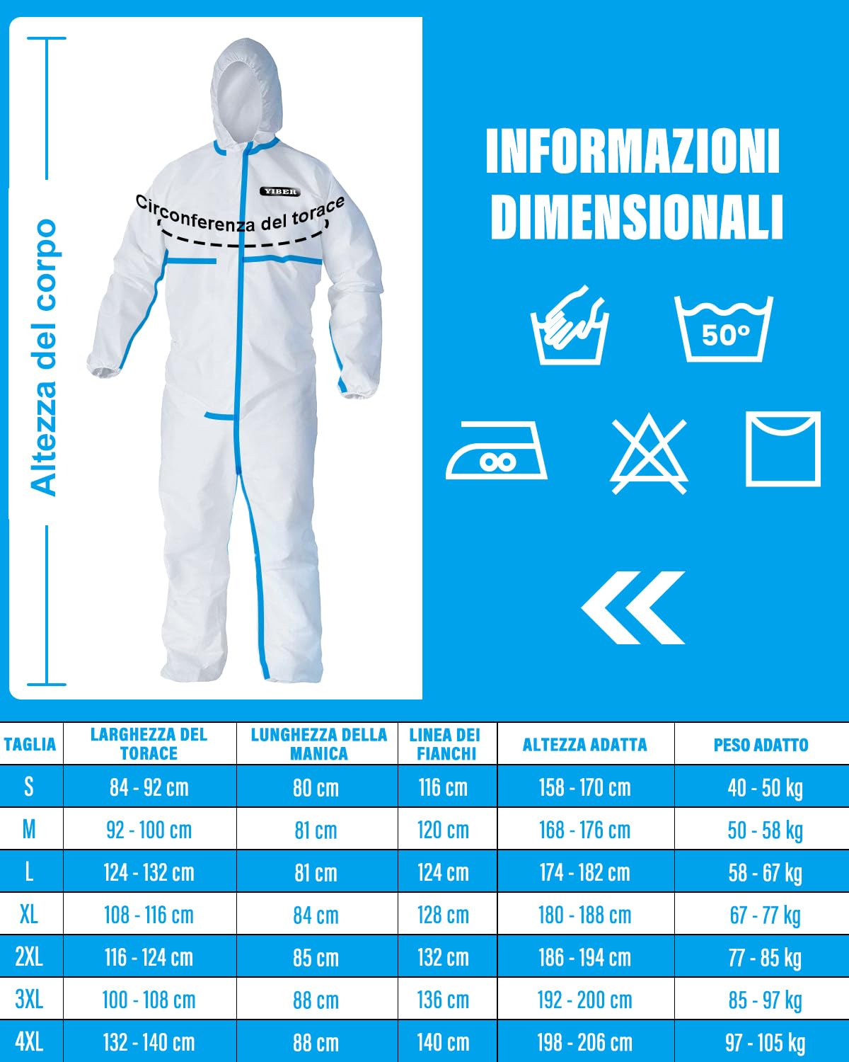 YIBER Tute Protettive Monouso Hazmat | Tute Protettive a Copertura Totale in 7 Taglie con Sicure per Innumerevoli Applicazioni