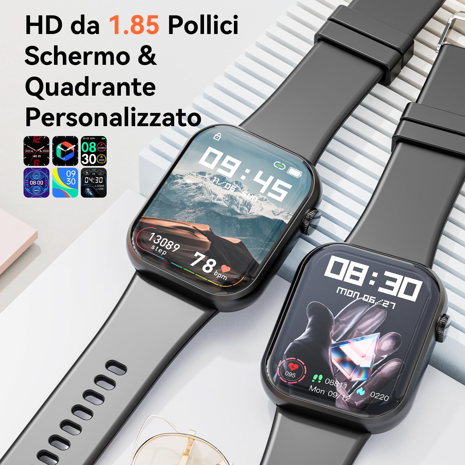 Smartwatch con Chiamate Bluetooth,1,85'' Smartwatch per Uomo Donna,Orologio Sportivo Impermeabile IP67 con Oltre 100 Modalità Sportive,Fitnesswatch con Contapassi Cardiofrequenzimetro per Android iOS