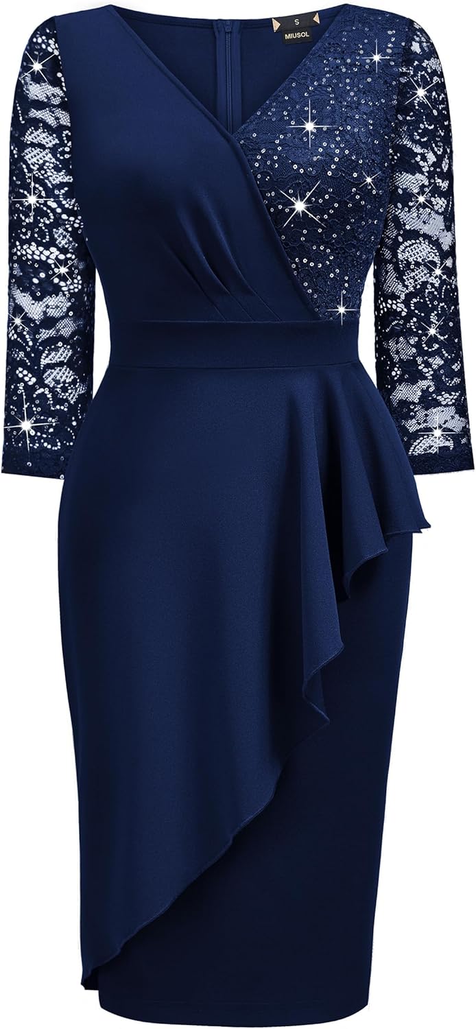 Miusol Women's Classy V-Neck Glitter Sequin Lace 3/4 Sleeve Cocktail Party Dress - Image 5