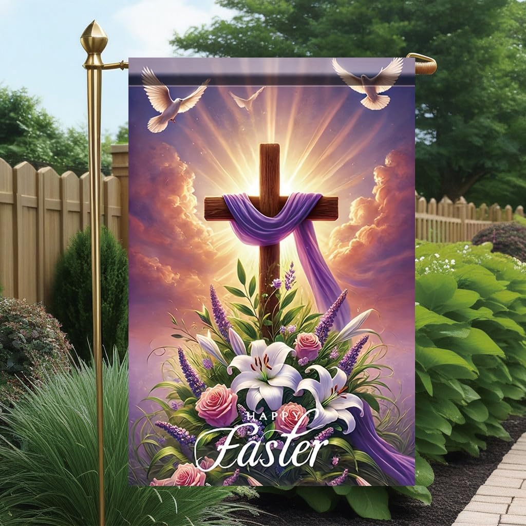 Happy Easter Garden Flag 12x18 Inch Double Sided Outdoor Yard Banner Cross with Purple Cloth White Lilies and Doves Religious Spring Porch Lawn Home Decoration - Image 4