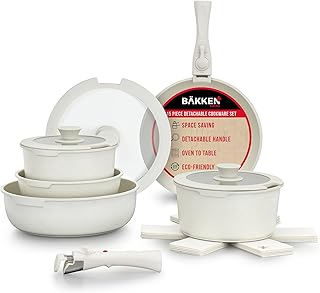 Bakken 15-Piece Non-Stick Cookware Set with Detachable Handles – Granite Stackable Pots and Pans Set, Dishwasher Safe, Oven-Safe, and Compatible Kitchen Essential for All Stoves – Cream