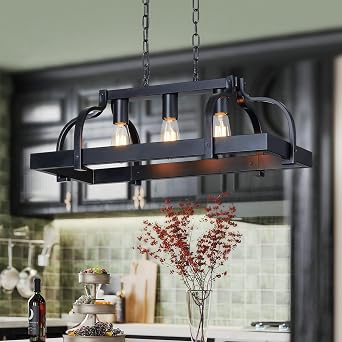 WUZUPS 3-Light Metal Pot Hanging Rack Chandelier Linear Pendant Ceiling Lighting Rustic Farmhouse Fixture Kitchen Island Dining Room, H 9.8" L 24.8" W11.8, E26 Base, Black