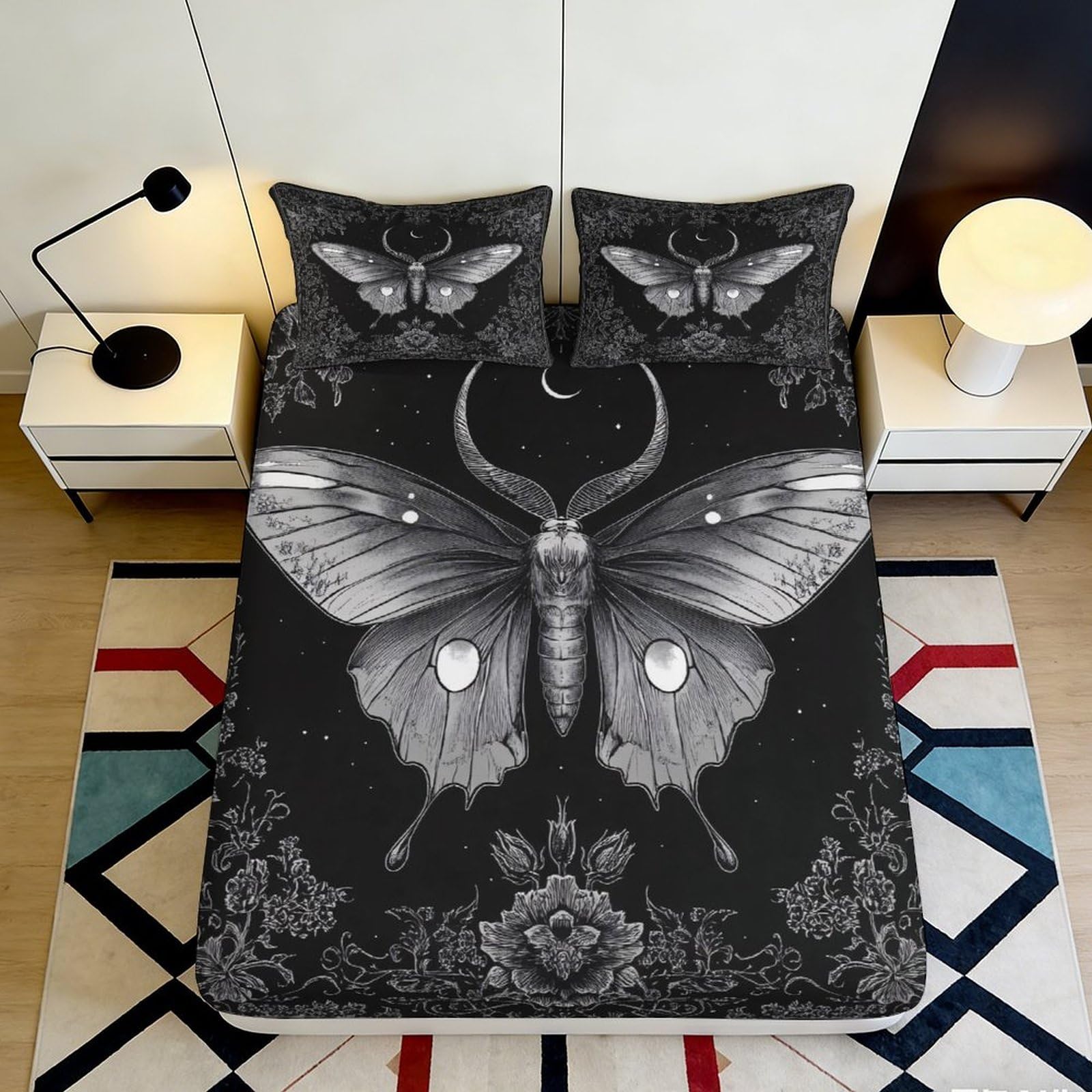 3D Printed Dark Butterfly Fitted Sheet Microfiber Soft Decorative Gothic Skull Bed Cover for Bedroom Guestroom 90x200x25cm