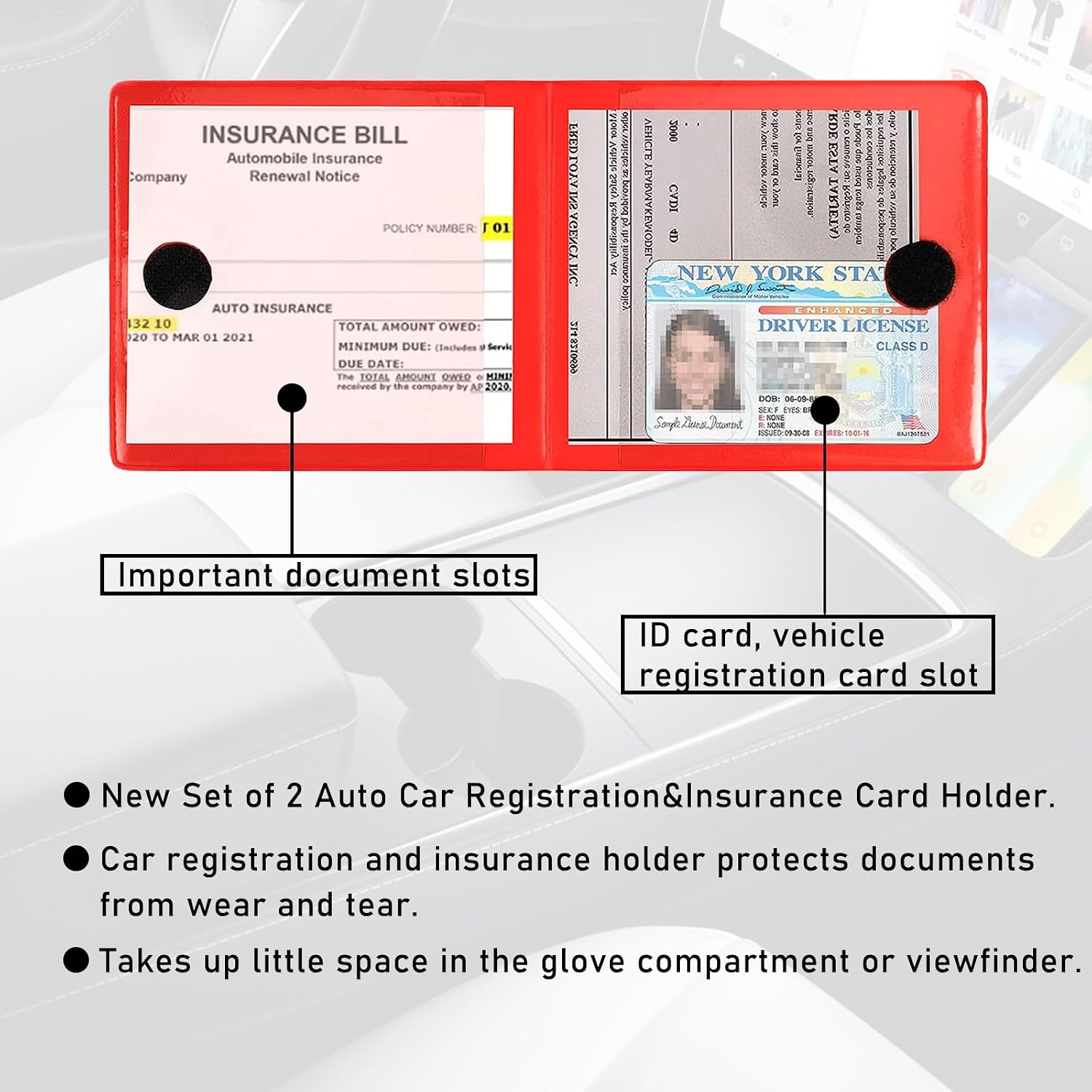 Kewucn 4 PCS Car Registration Insurance Holder, Essential Auto Card Glove Box Organizer, Vehicle Interior Accessories Perfect for Most Car, Truck, SUV (10.55''×4.8'', Red) image 5