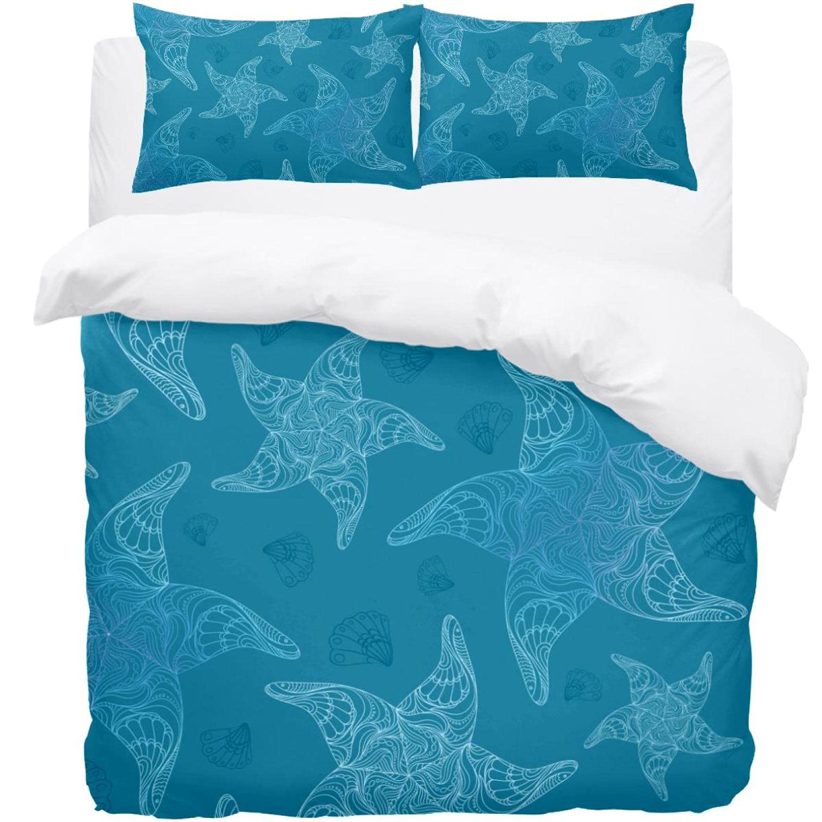 Housse de couette étoiles de mer avec 2 taies d'oreiller bleu océan pour lit simple