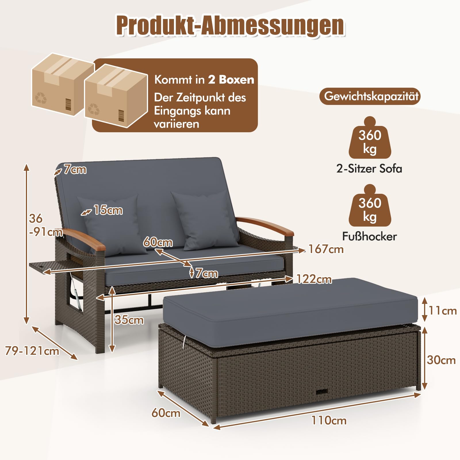 GYMAX Sofa Exterior de Ratán con Reposapiés de Almacenamiento, Conjunto Jardín de 2 Plazas con 4 Niveles y Cojines Acogedores, Bandejas Laterales Retráctiles (Gris, S)