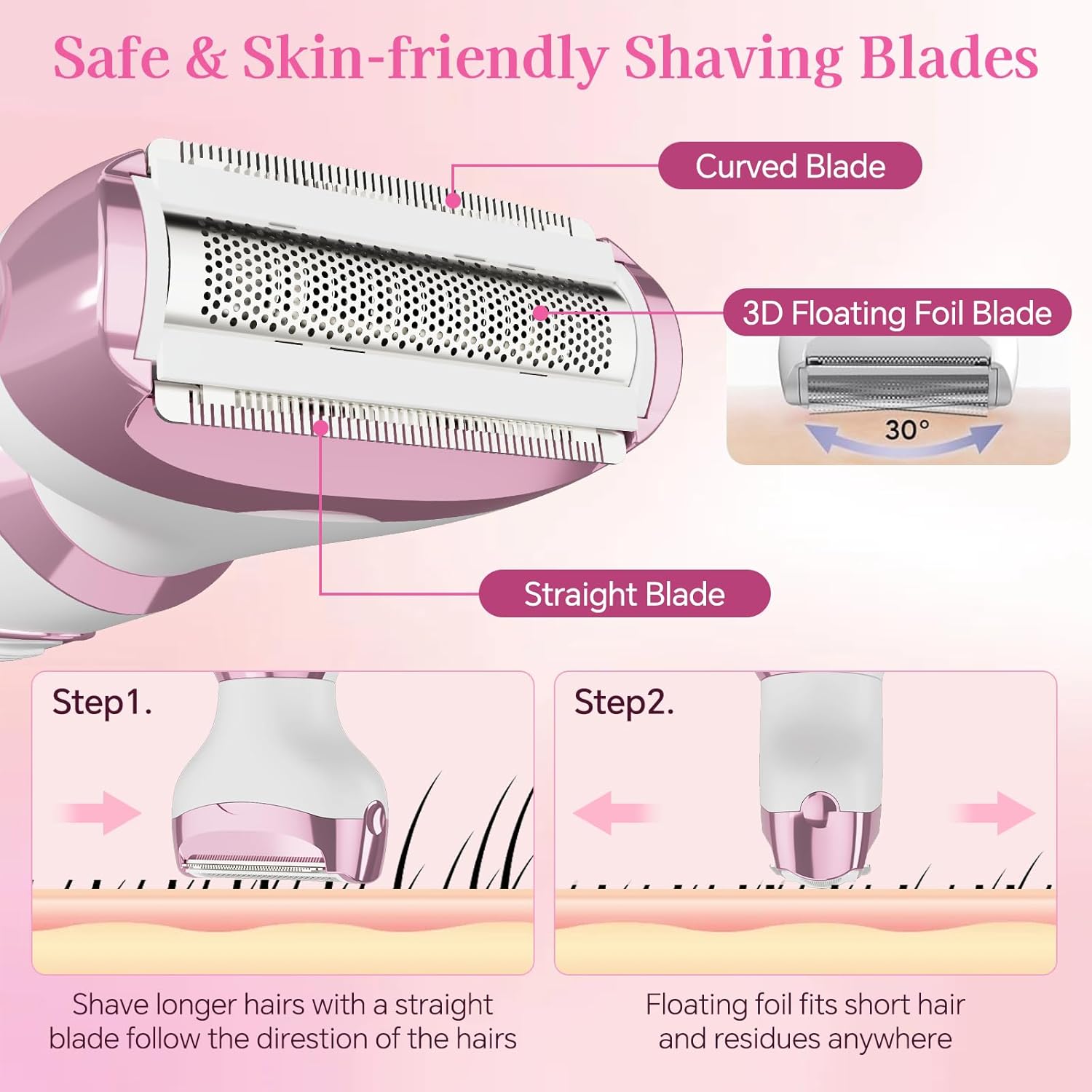 Women's Electric Shaver 4-in-1 - Waterproof Painless Hair Remover for Bikini, Face & Body, Cordless Wet/Dry Trimmer with Nose & Eyebrow Heads, Fast USB-C Charging, Gift for Women - Image 4