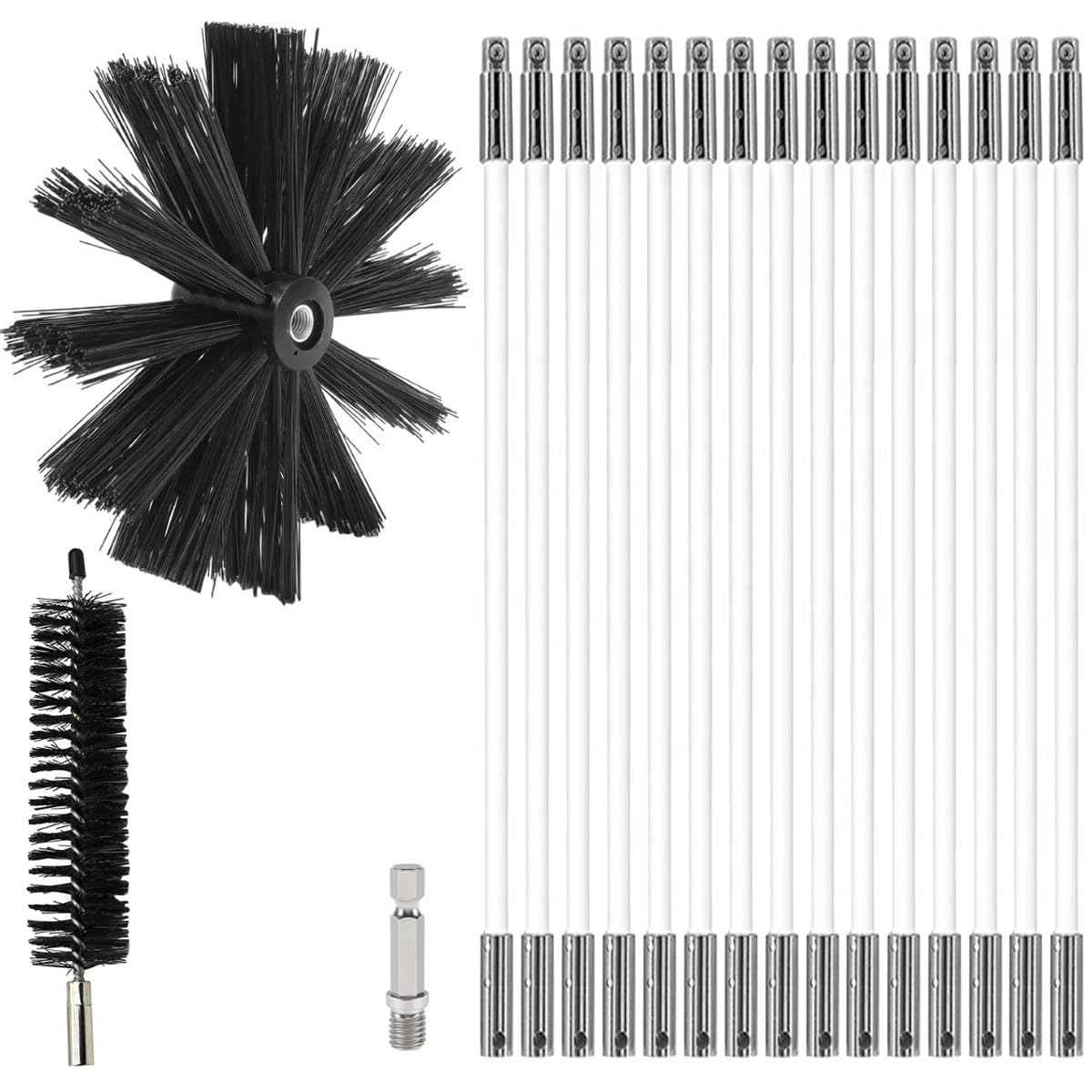 Kit di Pennello per Pulizia del Camino Spazzole per Camini Nylon Rotante Flessibile Spazzola Pulizia con 15 Aste Flessibili 1 Testa Pennello 200mm 1 Testa Pennello 38mm