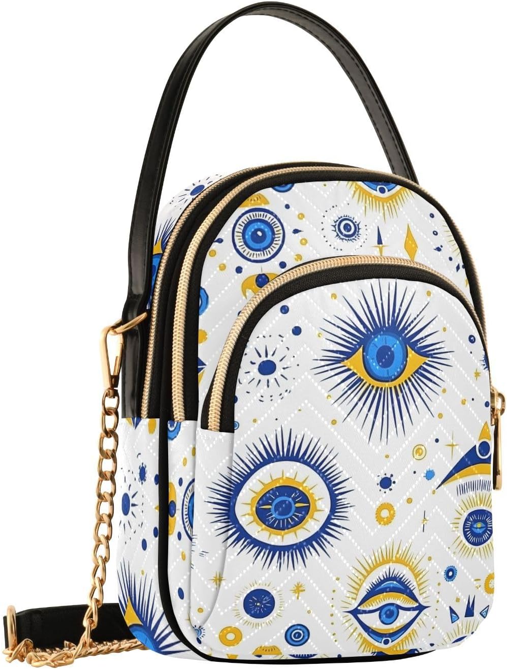 Blue Yellow Evil Eyes Sling Bag for Women, Small Shoulder Bag Crossbody Bag Purse with Chain Strap Top handle 5.91×3.15×8.27 Inches