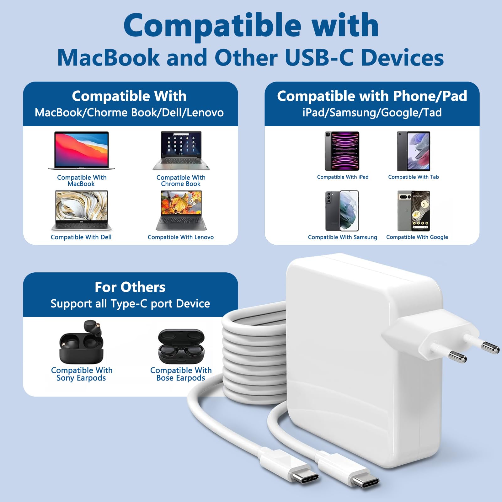 Caricabatteria da 96W per Mac Book Pro, compatibile con Mac Book Pro 13/14/15/16 pollici, Mac Book Air 2021/2020/2019/2018, iPad Pro 12.9/11", cavo USB C a C 2M/6.6FT
