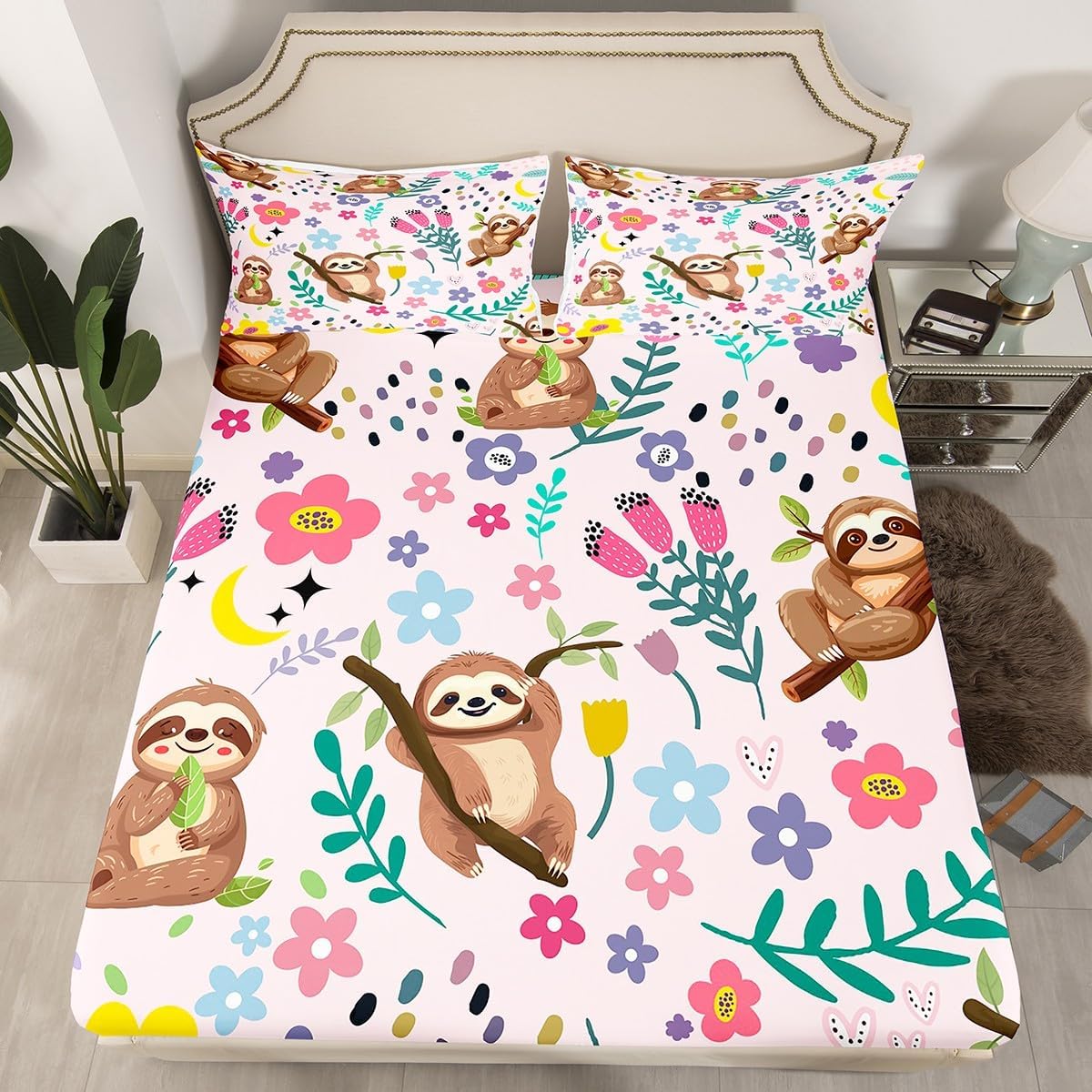 Erosebridal Floral Sloth Fitted Sheet for Kids Girls,Cartoon Koala Bed Sheets Queen,Kawaii Sloth Bed Set,Botanical Floral Leaves Tulip Garden Bedding Set with 2 Pillowcases,no Top Sheet