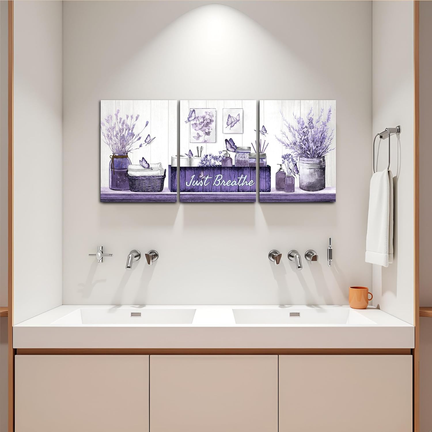 RnnJoile Purple Bathroom Decor Botanical Butterflies Wall Art Just Breathe Sign Canvas Painting for Home Bathroom Decorations 12"x16" Each