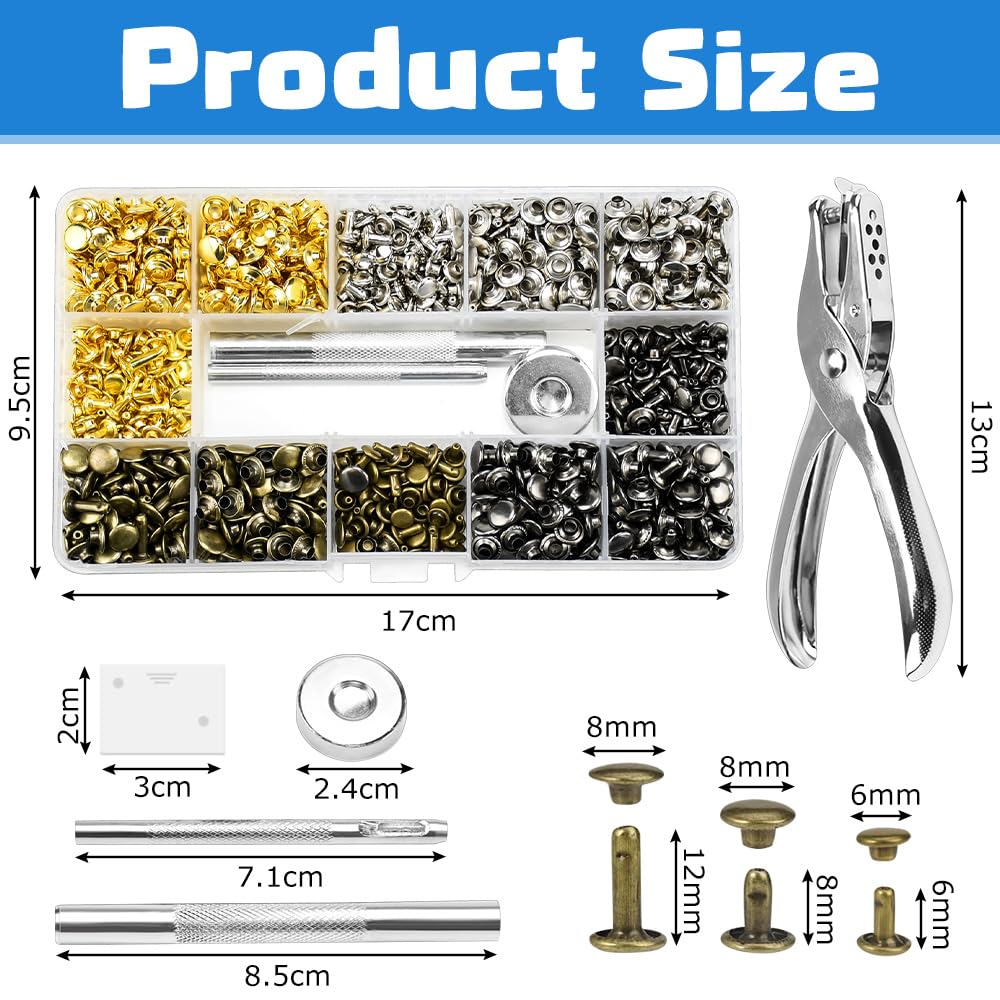LetCart Rivets à Double Capuchon, 100 Sets 8 x 8mm Ensemble de Rivets en Cuir, Jeu de Rivets à Double Capuchon en Métal, Rivets pour Bracelet en Cuir, Rivets Cuir Set (Or
