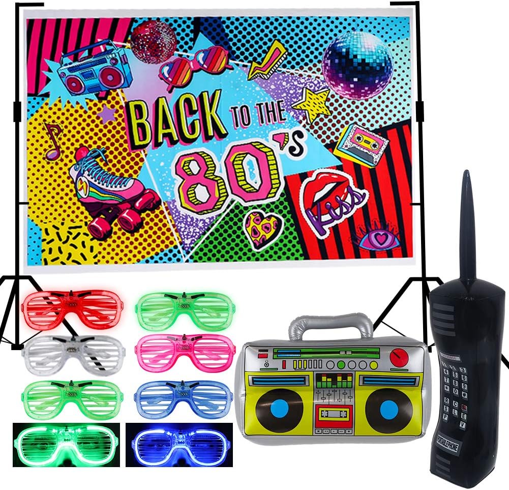 9 Pack 80s Party Backdrop Decoration Supplies Set- Inflatable Retro Mobile Phone Boombox LED Shutter Shading Glasses Party Favors 80s 90s Hip Hop Glow Theme Birthday Decor