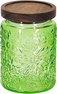 1Pc 24oz Chrysanthemum Style Vintage Glass Candy Jar with Solid Wood Lid, Kitchen Storage Canister for Sugar, Coffee, Tea, Cookies, Bath Salt - Decorative Mason Jar(1, Green, 24oz)