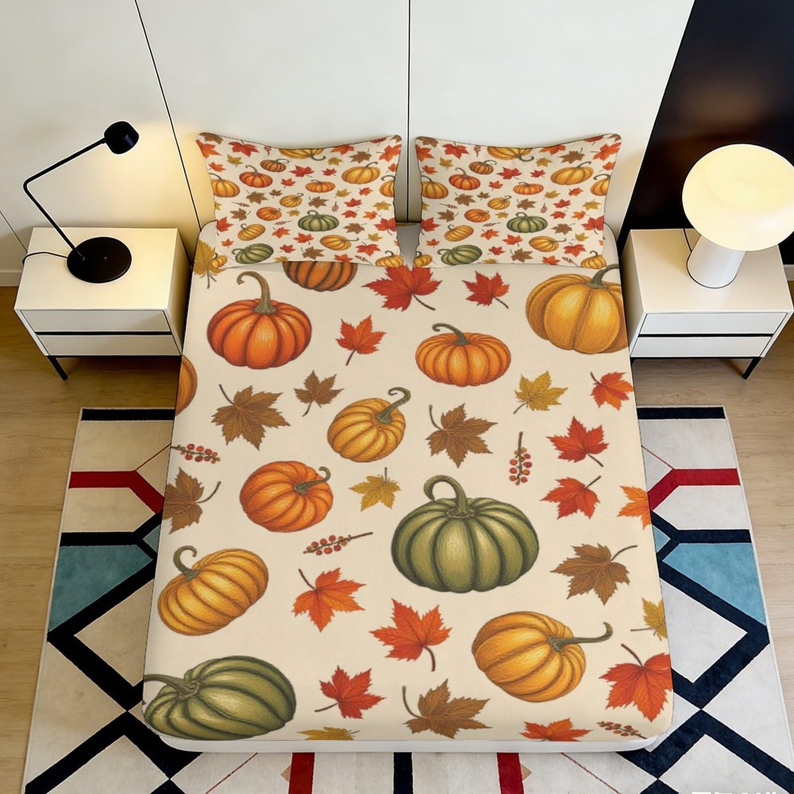 3D Printed Pumpkin Maple Leaf Fitted Sheet Microfiber Soft Autumn Bed Sheet for Bedroom Guest Room Decor 90x200x25cm