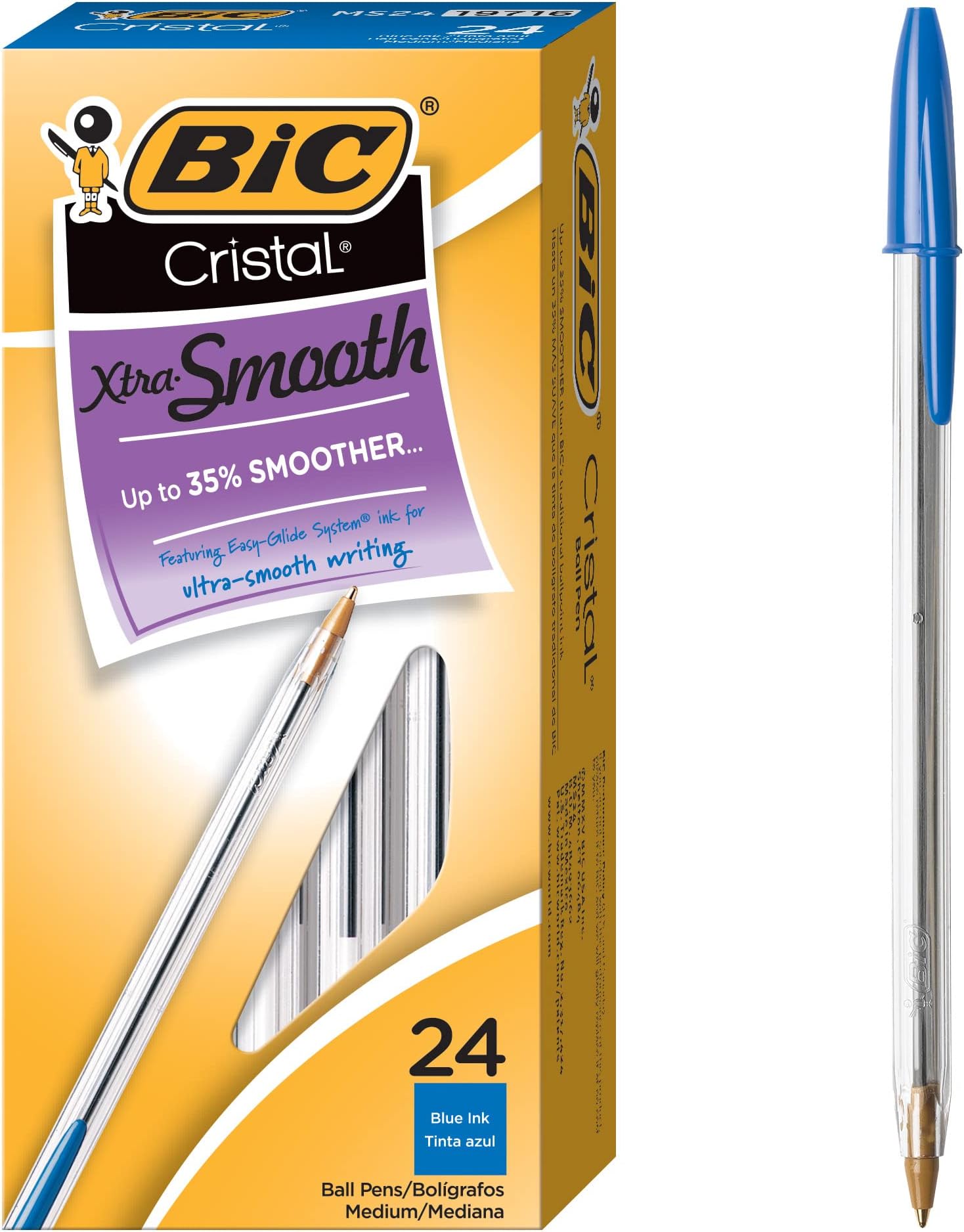 BIC Cristal Xtra Smooth Blue Ballpoint Pens, Medium Point (1.0mm), 24-Count Pack, Extra Smooth and Reliable Ballpoint Pens