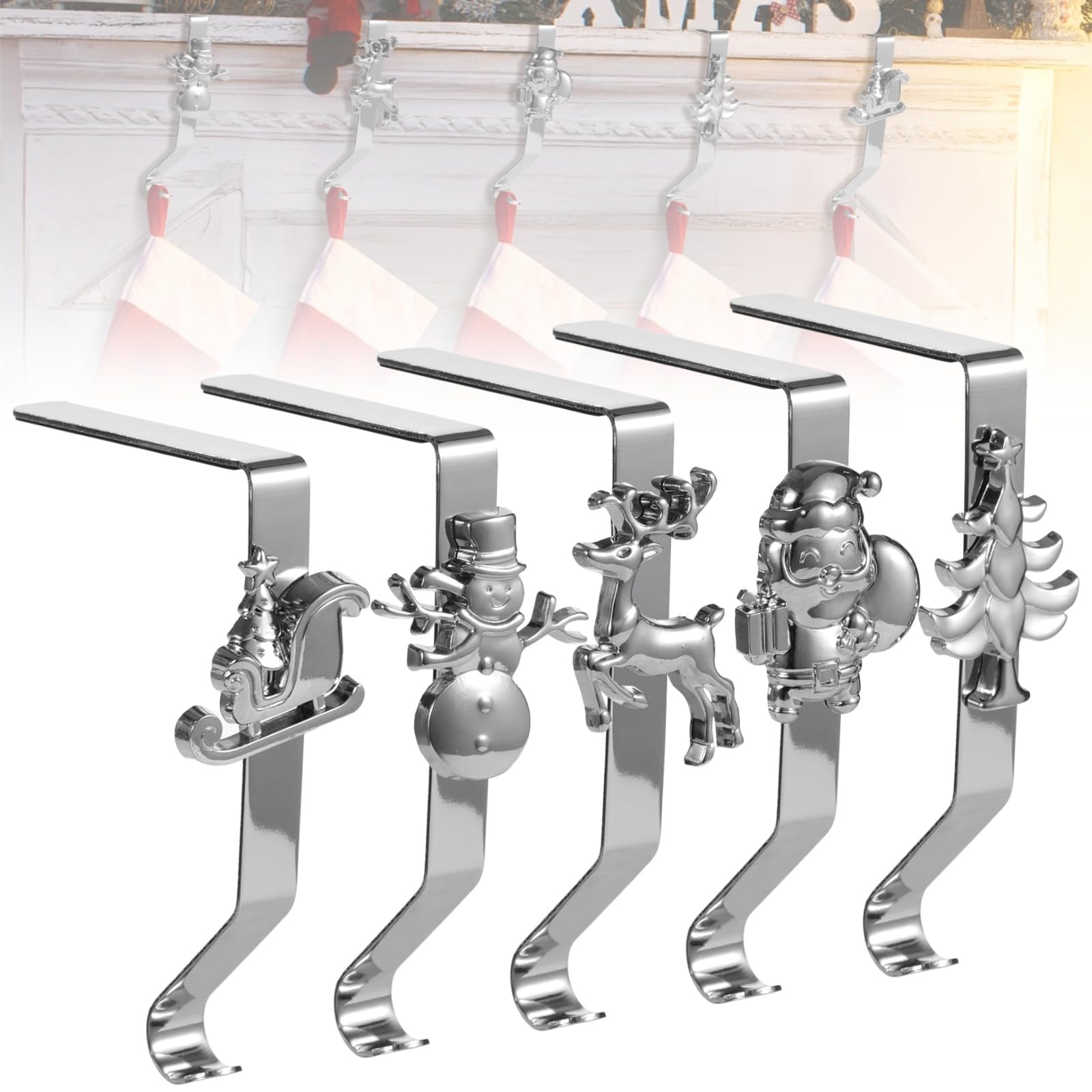 5 soportes para calcetines de Navidad para chimenea, ganchos de metal plateado con ciervos, muñeco de nieve, árbol, trineo, Papá Noel, ganchos resistentes para mantel, 16 x 9,9 cm