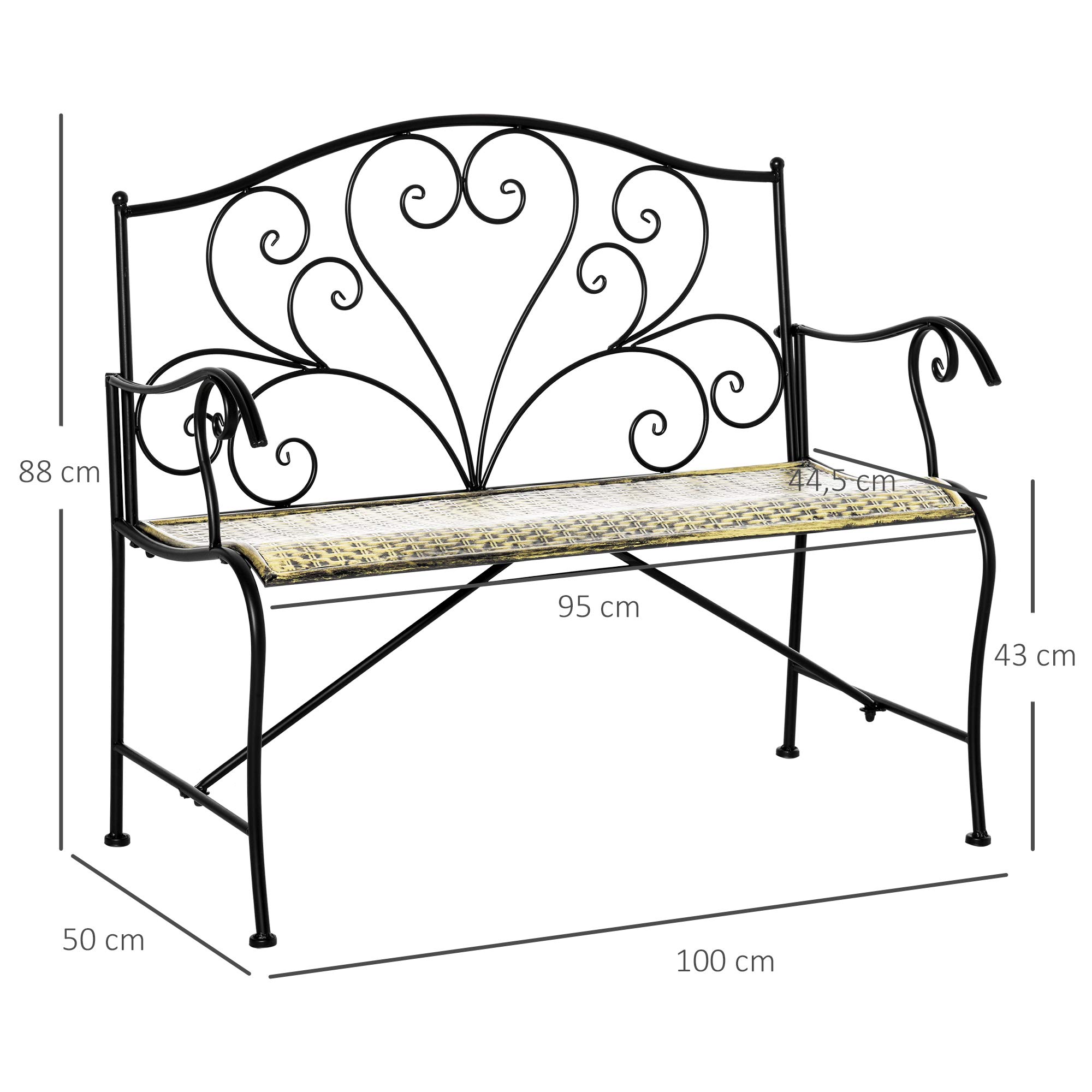 Outsunny Banco de jardín 2 plazas Hierro Forjado Metal Negro Oro | Estilo neorretro, líneas aerodinámicas, efecto envejecido