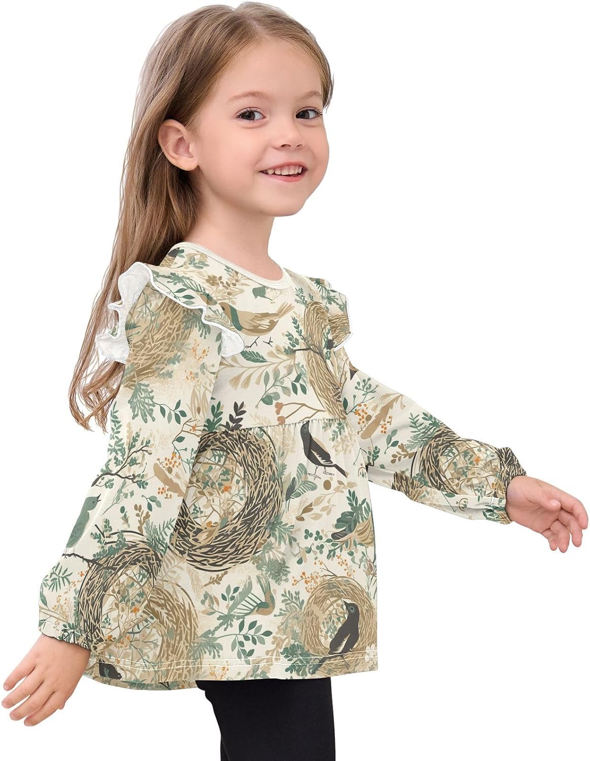 visesunny Toddler Clothes for Girls Vintage Bird Nest Pattern Long Sleeve Fall Shirts Cotton Top with Ruffle Collar