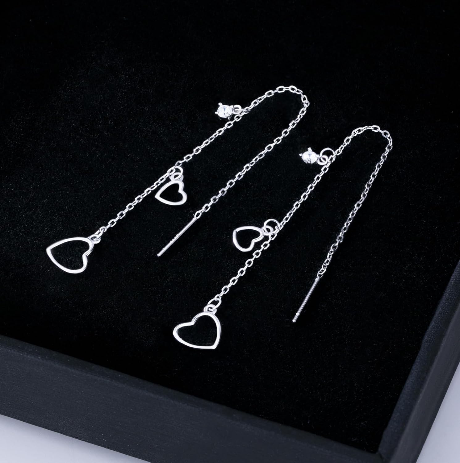 Reffeer Solid 925 Sterling Silver Love Heart Chain Dangle Earrings for Women Teens Heart Tassel Dangle Earrings Drops Threader