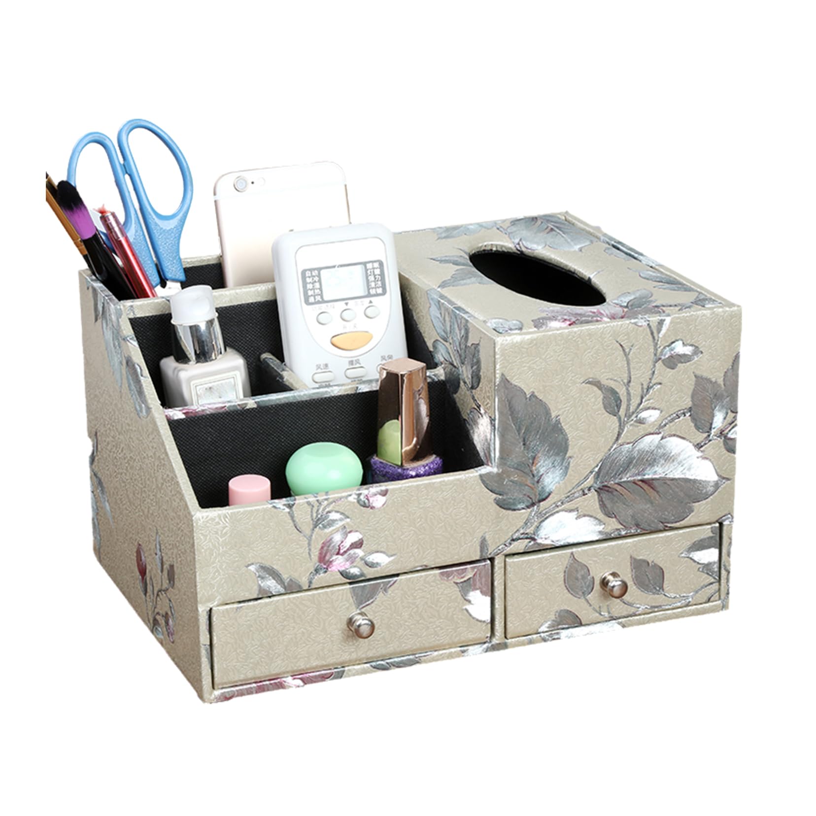Retro Leather Rectangular Multifunctional Remote Control Stationery Napkin Box Caddy With Drawer,Suitable for Modern Napkins and Tissue Paper,Desk Organization and S A