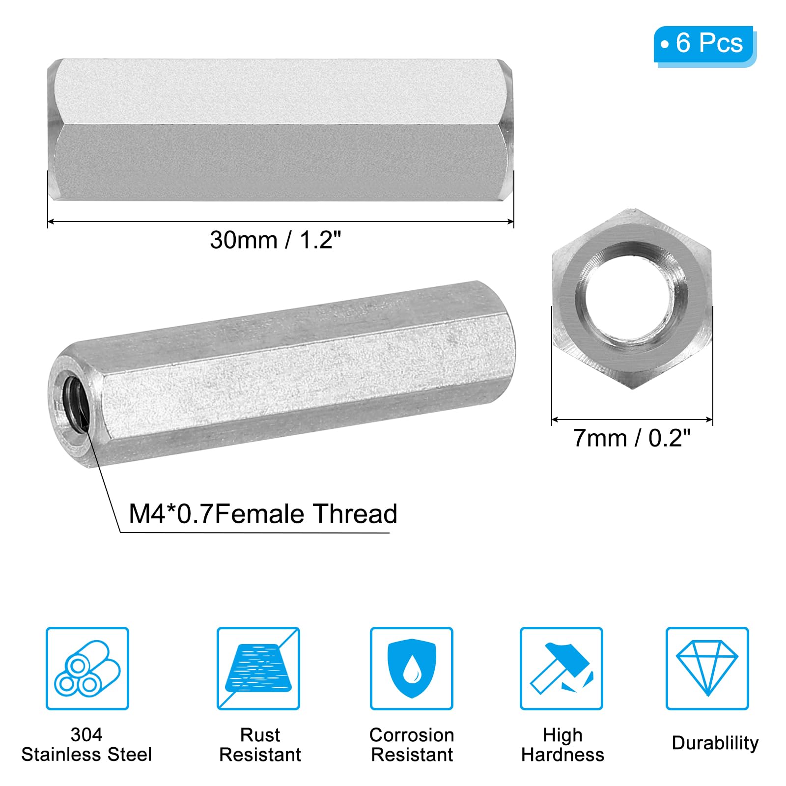 PATIKIL M4 x 0.7-Pitch 304 Stainless Steel Hex Coupling Nuts - Image 2