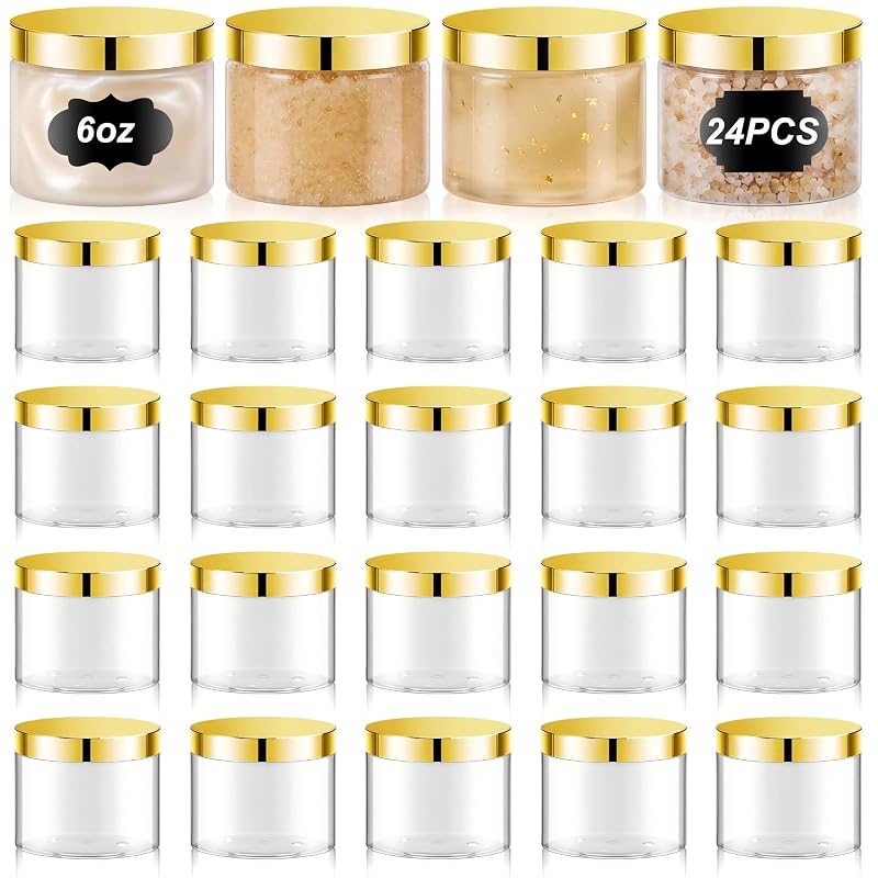 Dandat Pacote com 24 frascos cosméticos transparentes de PET com tampa dourada e etiquetas, 177 mL