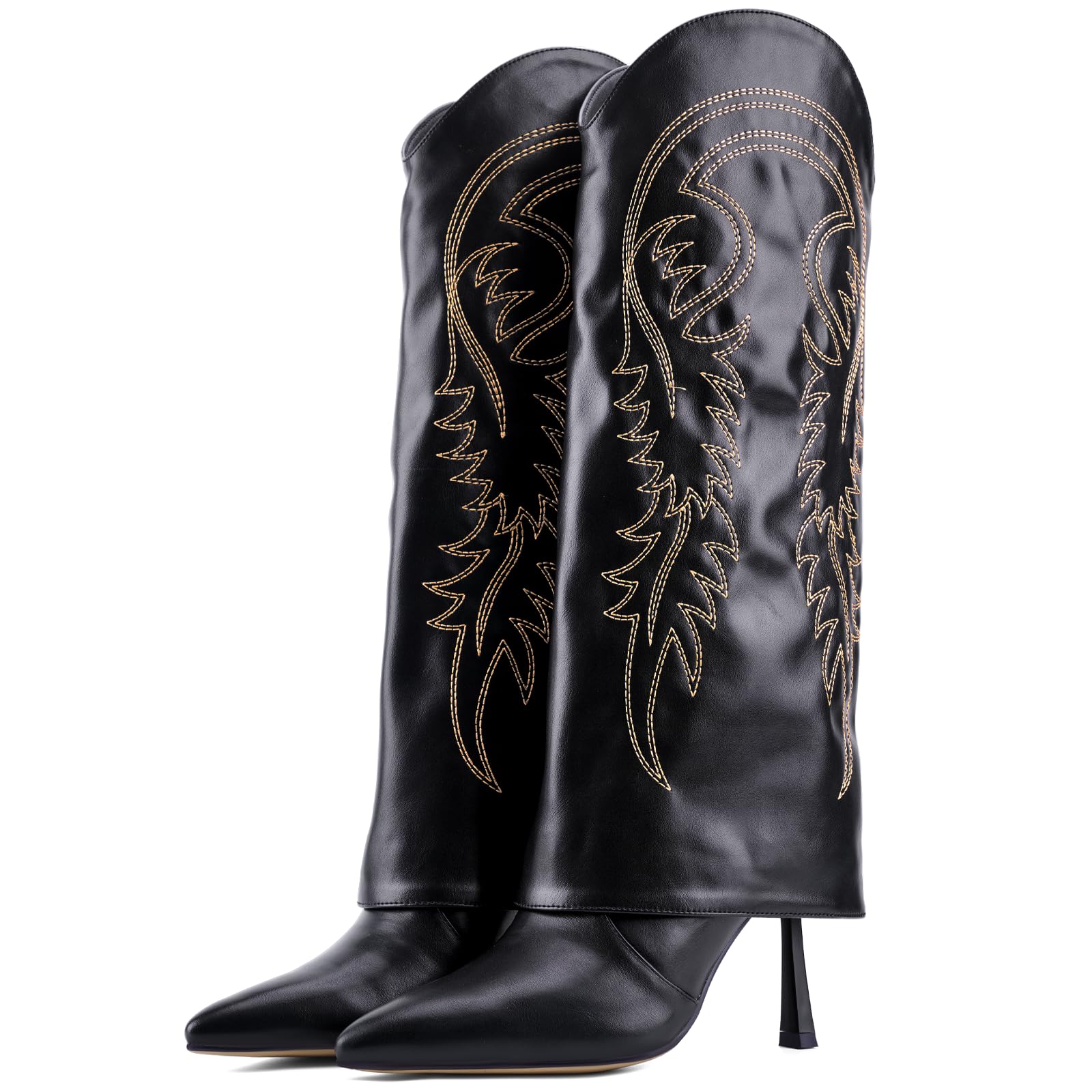 Knee High Cowgirl Boots for Women Western Fold Over Stiletto Heel Pointed Toe Pull-On Boots with Leaf Embroidery