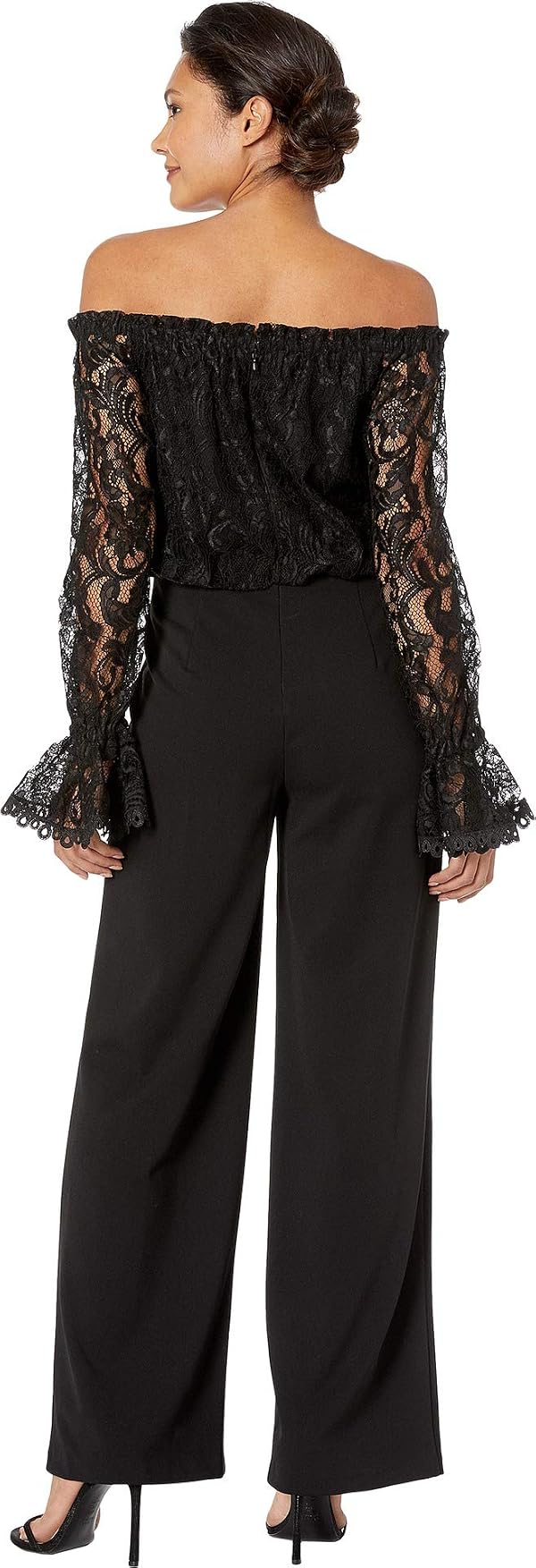 Adrianna Papell Knit Crepe Wide Leg Jumpsuit w/Off the Shoulder Lace Top Black 8 by Adrianna Papell - Image 3