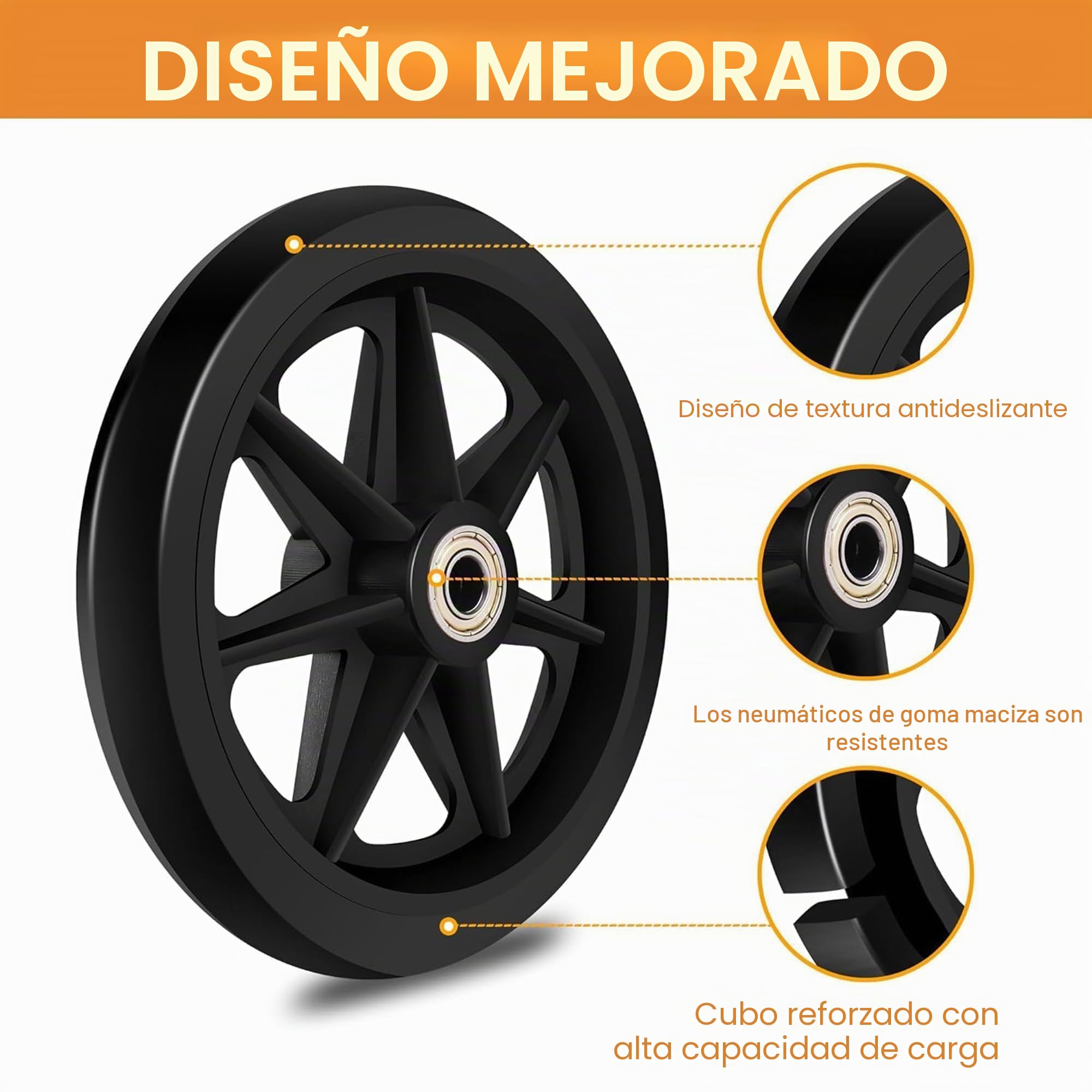 2 ruedas de repuesto sólidas de 200 mm, material goma respetuoso medio ambiente, neumáticos poliuretano resistente desgaste, buje ABS antideslizante duradero