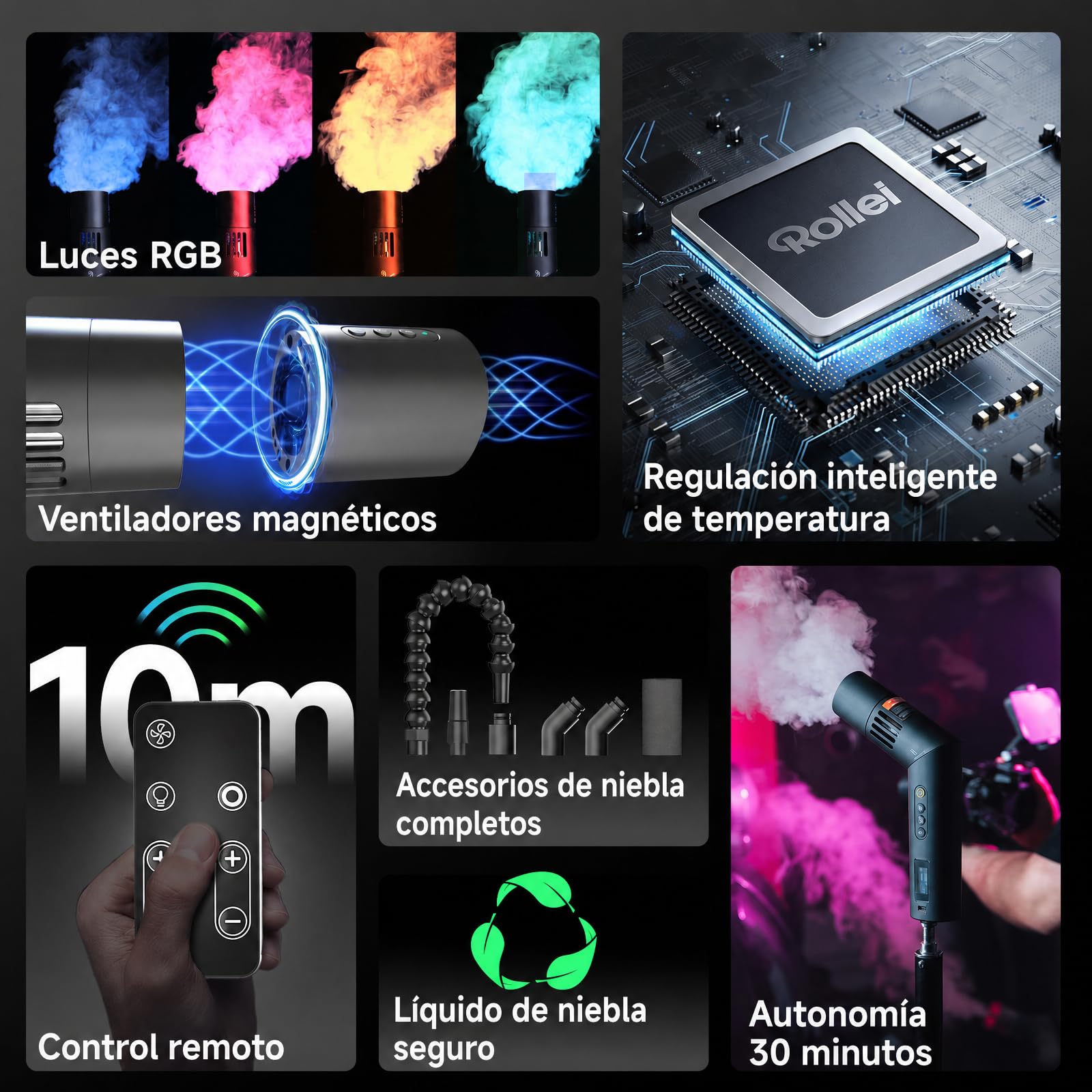 Máquina de Humo, Rollei Maquina Humo Pequeña Smoke Master Pro RGB 40W Portátil Nebulizador con Control Remoto y Batería Smoke Machine para Fotografía Fiesta Boda Efectos Escénicos Máquina-Maquina