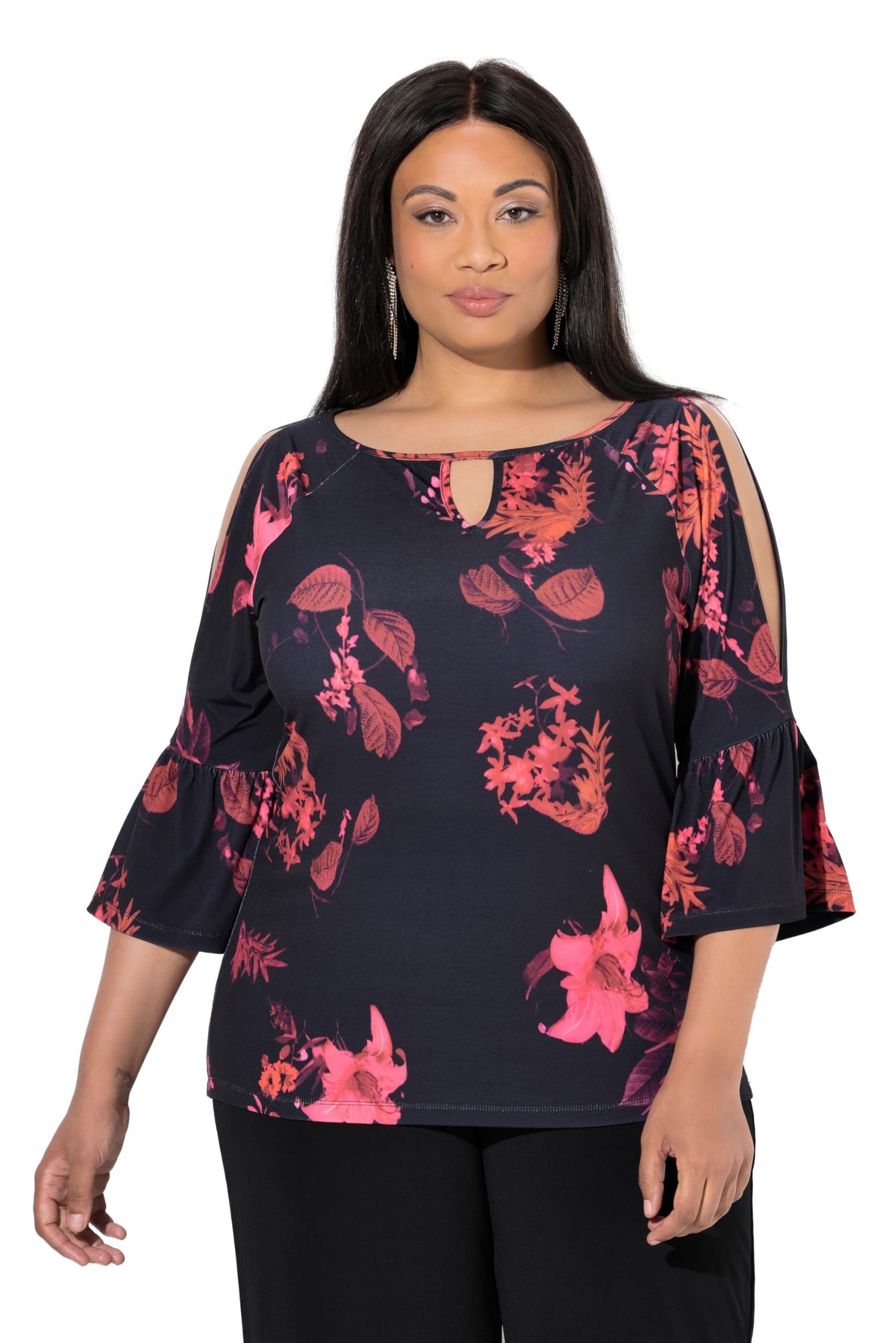 Ulla Popken Damen große Größen Übergrößen Plus Size Shirt, Blüten, Rundhals, Keyhole, 3/4-Volantärmel 847433