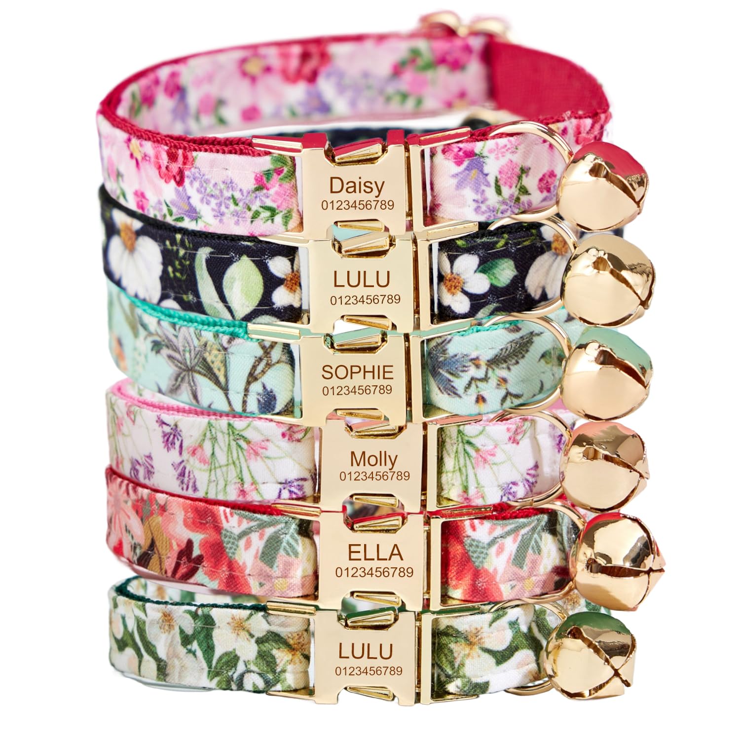 Personalized Cat Collar – Custom Engraved Name & Phone Number, Soft Adjustable Fabric, Secure Metal Buckle (Floral)