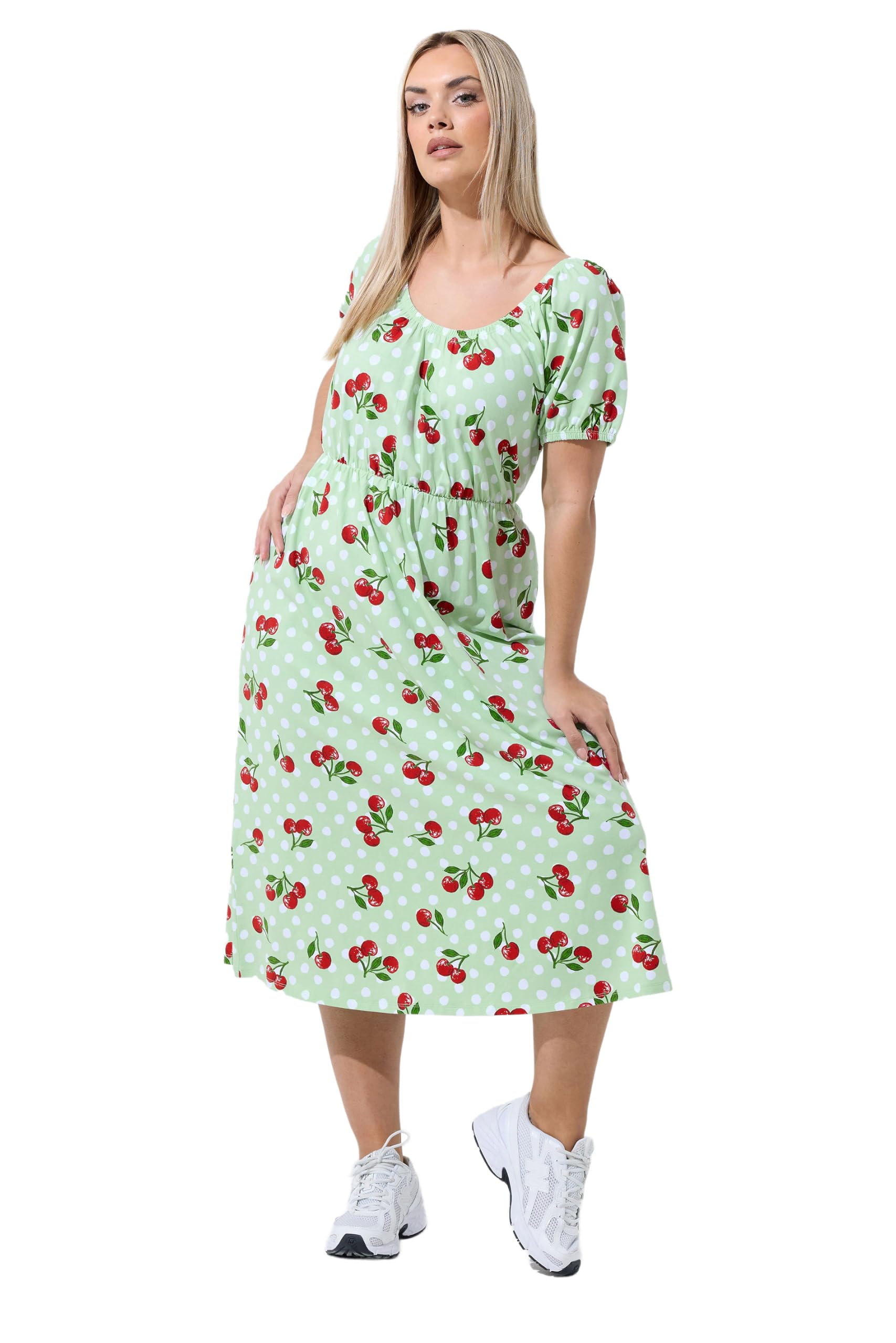 Yours Women's Light Green Cherry Gingham Bardot Dress In | Size: 22-24