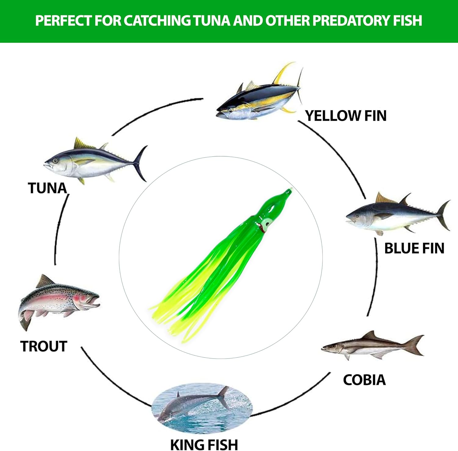 4.75" Trolling Squid Skirts, Fishing Lures, 40 Pcs Green Chartreuse, for Offshore Trolling & Casting, Ideal for Salmon, Tuna, Mahi & Saltwater Fishing