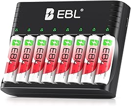 EBL 8 x 3000mWh Rechargeable Batteries AA 1.5V, New Version Charger for 1.2V/1.5V NiMH/Lithium AA AAA, 1600 Cycles Long Life, 1.5V Constant Lithium Battery for Blink/Surveillance/Hunting Camera