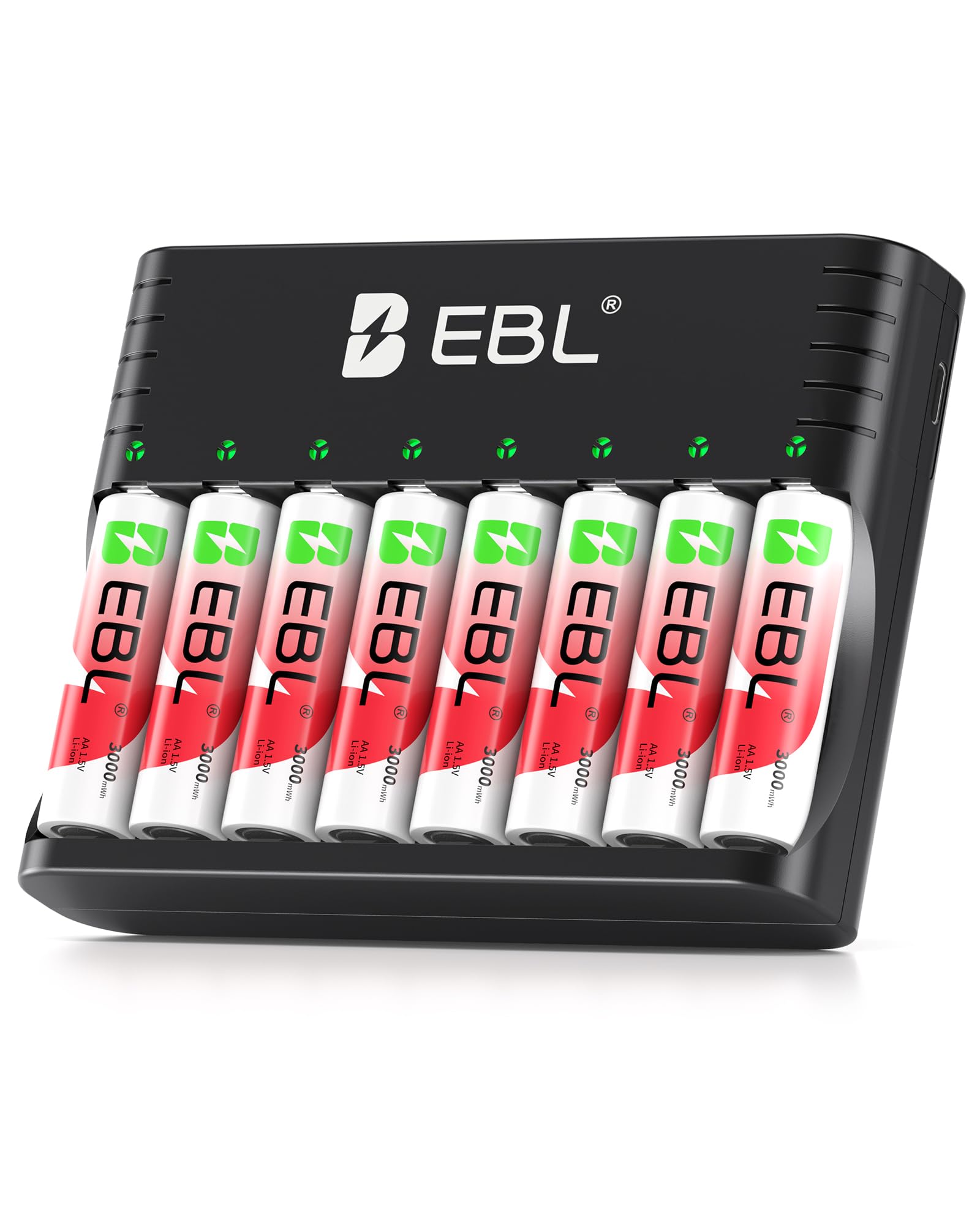 EBL 8 x 3000mWh Pilas Recargables AA 1.5V, Nueva Versión Cargador para 1.2V/1.5V NiMH/Litio AA AAA, 1600Ciclos Larga Duración, 1,5V Batería Litio Constantes para Cámara de Blink/Vigilancia/Caza