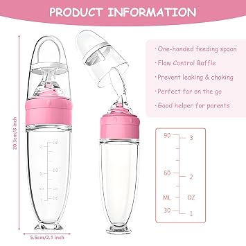 Baby Food Feeder 4 Pack Silicone Baby Food Dispensing Spoon-3 oz Squeeze Feeding Spoons with Suction Cup for Boys Girl Kids Toddlers - Self Feeding Bottle Spoon-Peach Pink