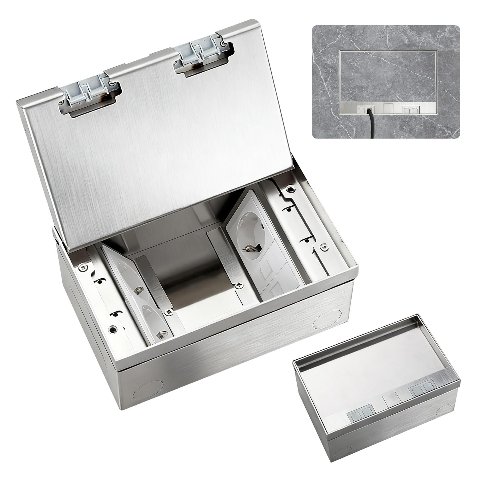 Presa da Incasso a Pavimento, Presa Nascosta Piatta da Incasso 4000W/16A con 3 Prese EU + 2 RJ45, Scatola Presa da Incasso a Pavimento Impermeabile in Acciaio Inossidabile per Casa, Uffici, Hotel