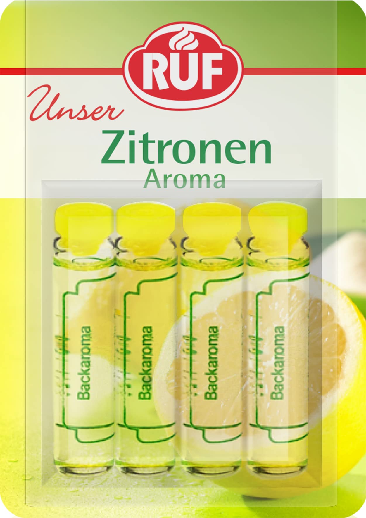 RUF Backaroma Zitrone, 4 Fläschchen Zitronenaroma, fruchtig frische Zitronen-Note für Teig , Cremes und Getränke, glutenfrei und vegan