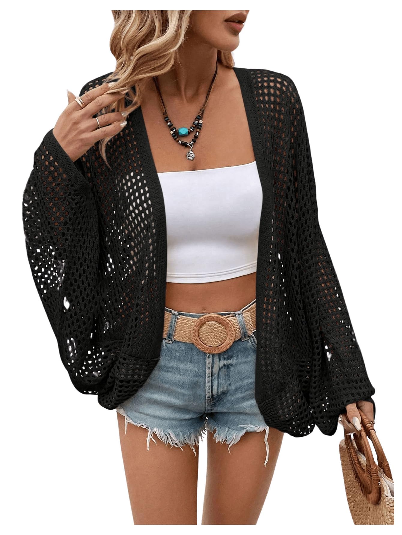 Verdusa Womens Open Front Oversized Cardigan Spring Outfits Hollow Out Knit Lightweight Sweater Beach Cover Up