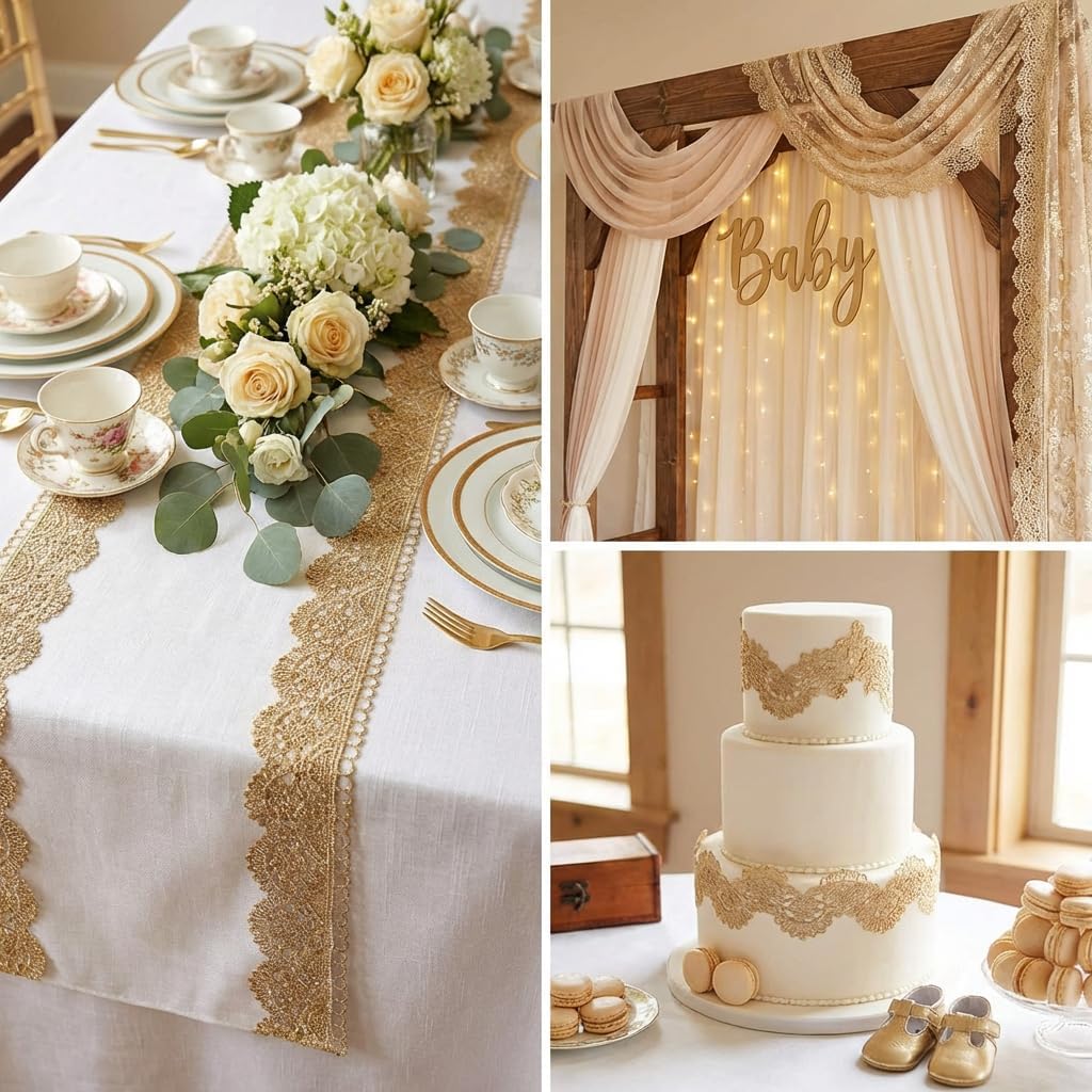 IDONGCAI 1.58" x 4.8 Yards Vintage Gold Embroidered Lace Ribbon Trim – Elegant Metallic Baroque Floral Edging for Weddings, Bridal Gowns, Crafts & Home Décor