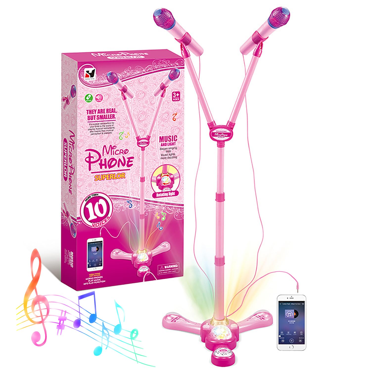 Kids Microphone and Stand,Double Head Kids Karaoke Machine with Stand With External Music Function & Flashing Lights Toy for Kids Children GirlsPink